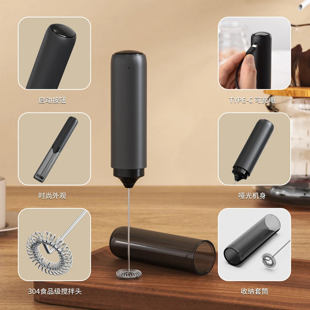 Electric Milk Frother USB Rechargeable, Portable with Storage Sleeve, Efficiently Creates Dense Milk Foam for Coffee, Latte